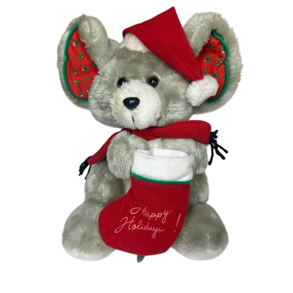 Vtg Fun World Stuffed Plush Christmas Mouse with Plaid Ears‎ and Stocking 11"